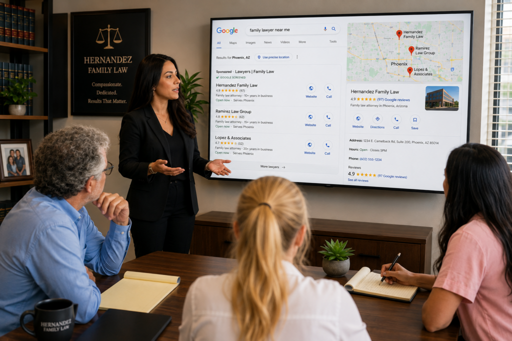 Family law marketing team reviewing local SEO strategy, Google Business Profile visibility, and client acquisition opportunities for a family law firm.