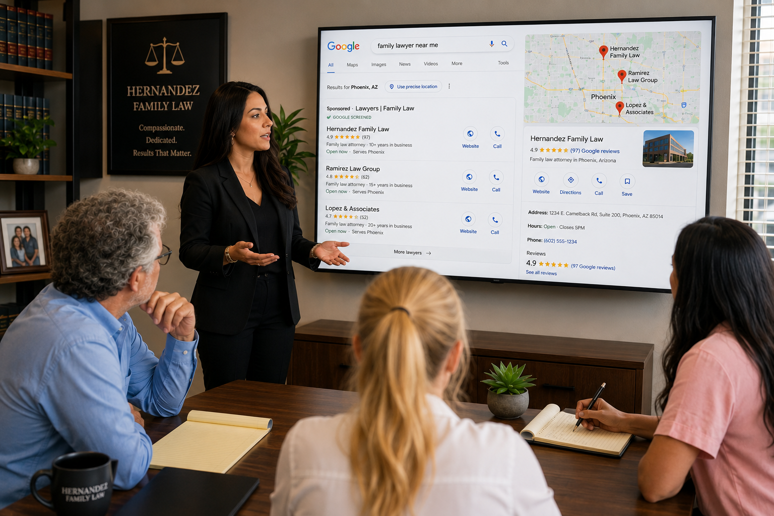 Family law marketing team reviewing local SEO strategy, Google Business Profile visibility, and client acquisition opportunities for a family law firm.