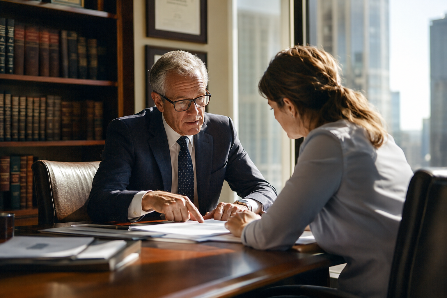 Experienced attorney reviewing legal documents with a client during a consultation in a professional law office
