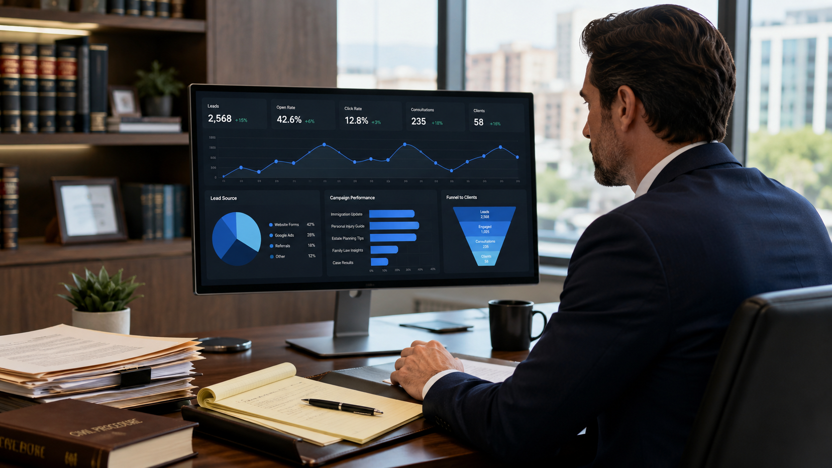 Email marketing dashboard and client conversion analytics in a modern law firm office