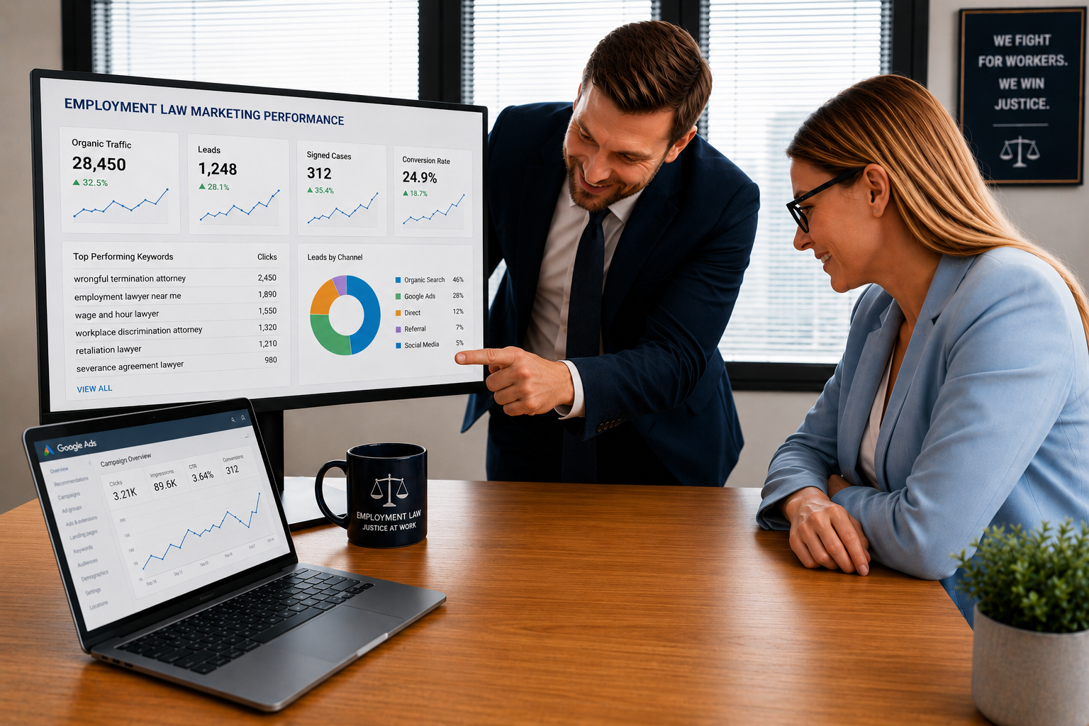 Employment attorney discussing a digital marketing strategy with a prospective client while reviewing online lead generation and case acquisition performance data.
