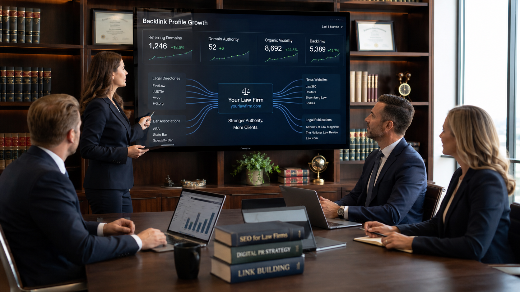 Attorneys analyzing backlink profile growth and legal SEO link building strategy during a law firm marketing meeting