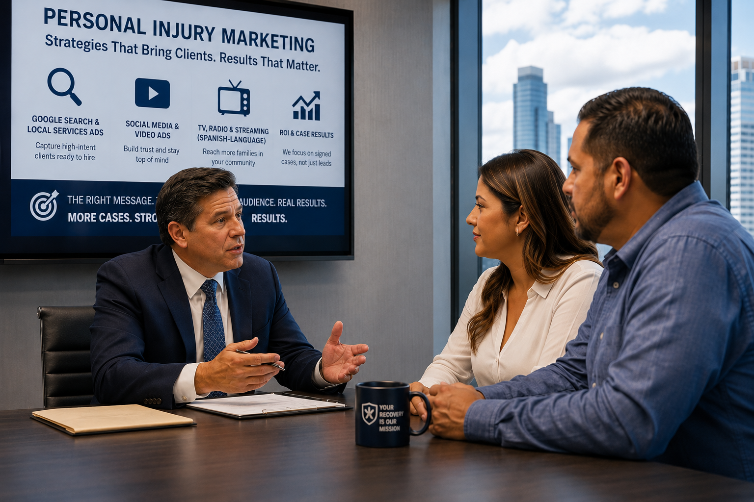 Personal injury attorney discussing client acquisition and advertising strategies with prospective clients in a modern law office, highlighting personal injury marketing and case growth.